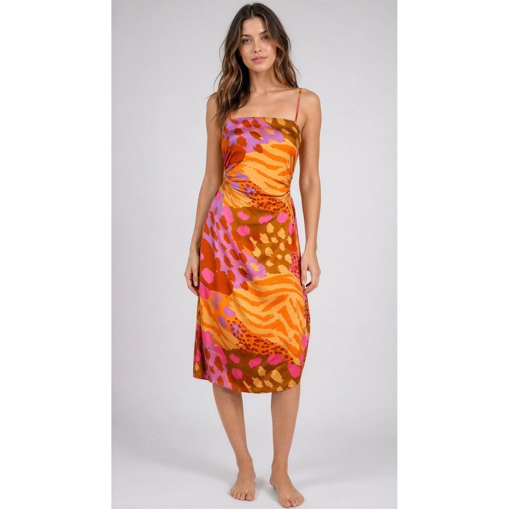 Christian Lacroix Womens XS Animal Print Cutout Midi Dress Orange Pink Satin NWT